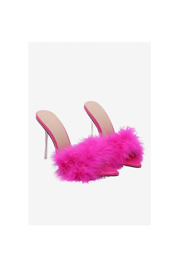 Hot Pink Feathers Pointed Toe Stiletto Sandals - KissProm