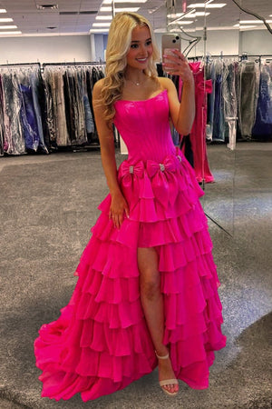 Felice | Fuchsia - Scoop Neck A Line Chiffon Tiered Prom Dresses With Bowknot - KissProm