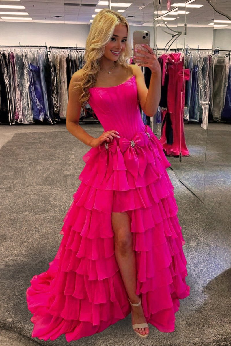 Felice | Fuchsia - Scoop Neck A Line Chiffon Tiered Prom Dresses With Bowknot - KissProm