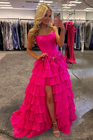 Felice | Fuchsia - Scoop Neck A Line Chiffon Tiered Prom Dresses With Bowknot - KissProm