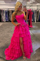 Felice | Fuchsia - Scoop Neck A Line Chiffon Tiered Prom Dresses With Bowknot - KissProm