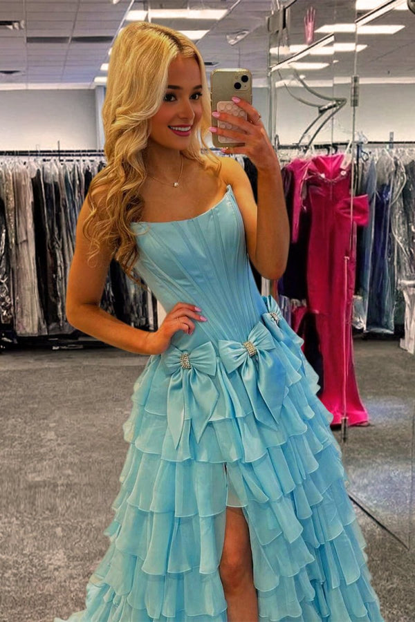 Felice | Blue - Scoop Neck A Line Chiffon Tiered Prom Dresses With Bowknot - KissProm