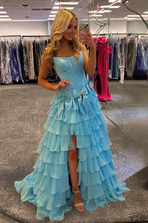 Felice | Blue - Scoop Neck A Line Chiffon Tiered Prom Dresses With Bowknot - KissProm