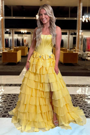 Felice | Yellow - Scoop Neck A Line Chiffon Tiered Prom Dresses With Bowknot - KissProm
