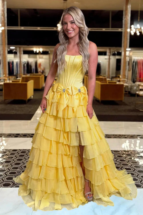 Felice | Yellow - Scoop Neck A Line Chiffon Tiered Prom Dresses With Bowknot - KissProm