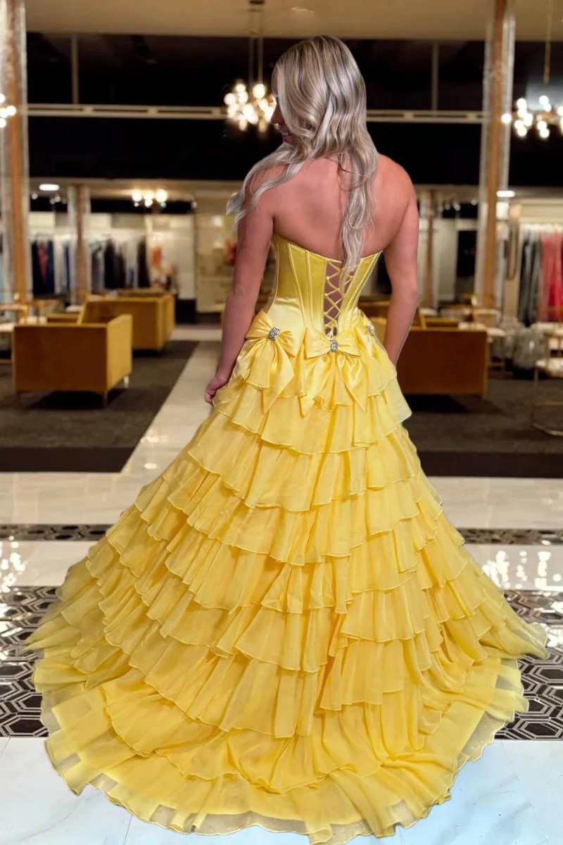 Felice | Yellow - Scoop Neck A Line Chiffon Tiered Prom Dresses With Bowknot - KissProm