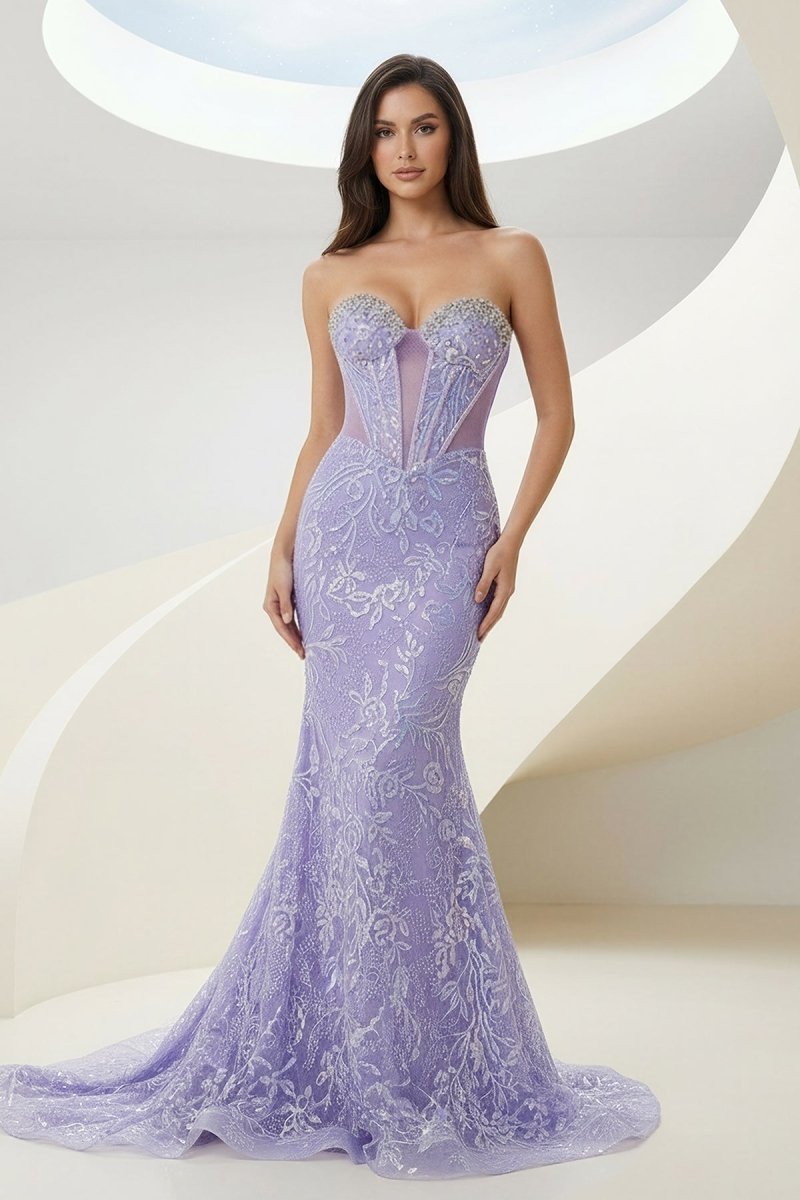 Feloria | Lilac Strapless Mermaid Sequined Lace Formal Prom Dresses With Beading - KissProm
