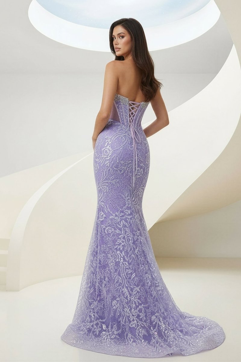 Feloria | Lilac Strapless Mermaid Sequined Lace Formal Prom Dresses With Beading - KissProm