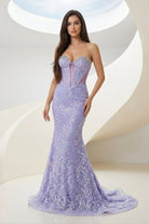Feloria | Lilac Strapless Mermaid Sequined Lace Formal Prom Dresses With Beading - KissProm