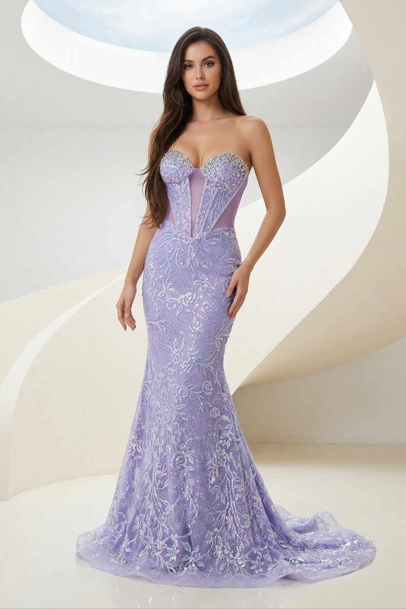 Feloria | Lilac Strapless Mermaid Sequined Lace Formal Prom Dresses With Beading - KissProm