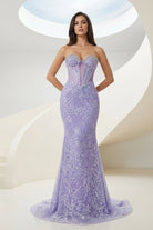 Feloria | Lilac Strapless Mermaid Sequined Lace Formal Prom Dresses With Beading - KissProm