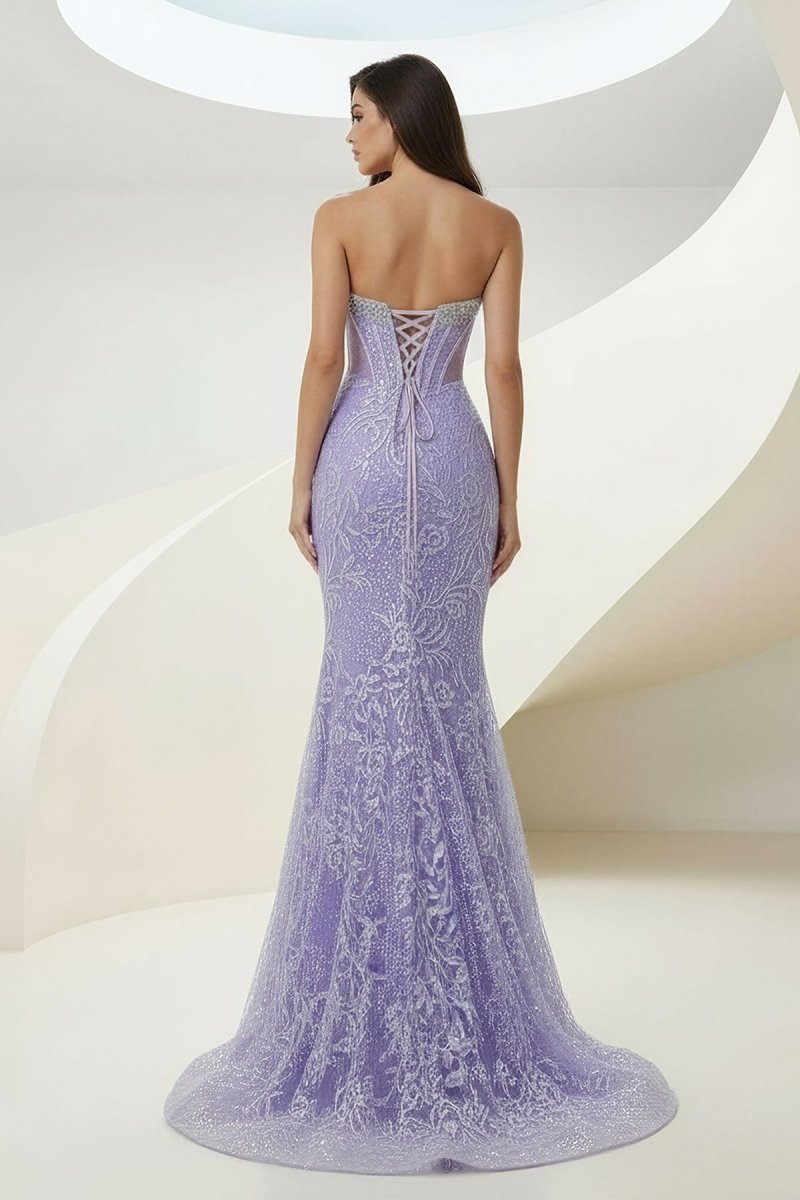 Feloria | Lilac Strapless Mermaid Sequined Lace Formal Prom Dresses With Beading - KissProm
