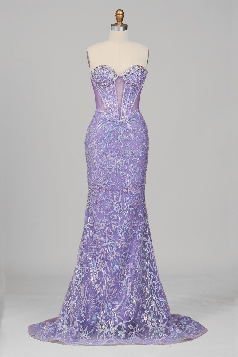 Feloria | Lilac Strapless Mermaid Sequined Lace Formal Prom Dresses With Beading - KissProm