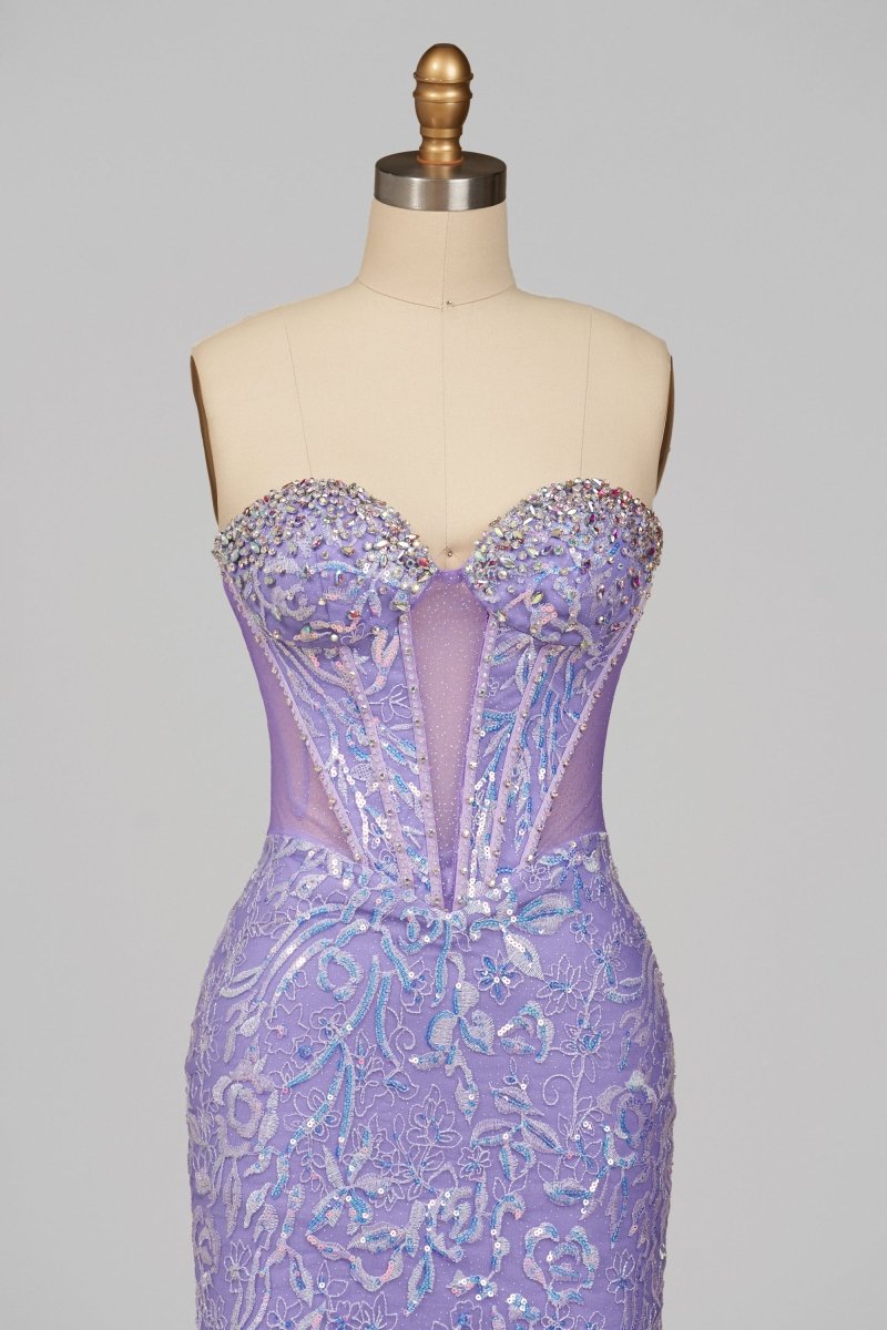 Feloria | Lilac Strapless Mermaid Sequined Lace Formal Prom Dresses With Beading - KissProm
