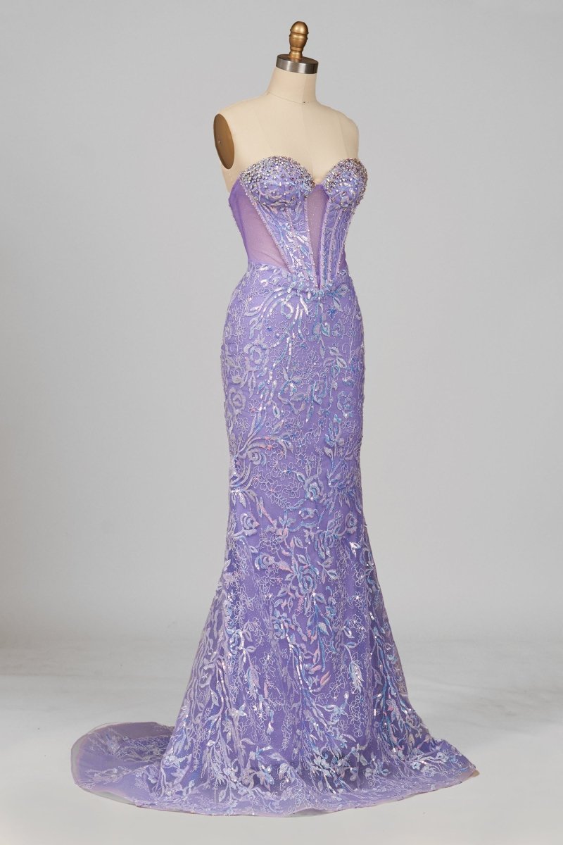 Feloria | Lilac Strapless Mermaid Sequined Lace Formal Prom Dresses With Beading - KissProm