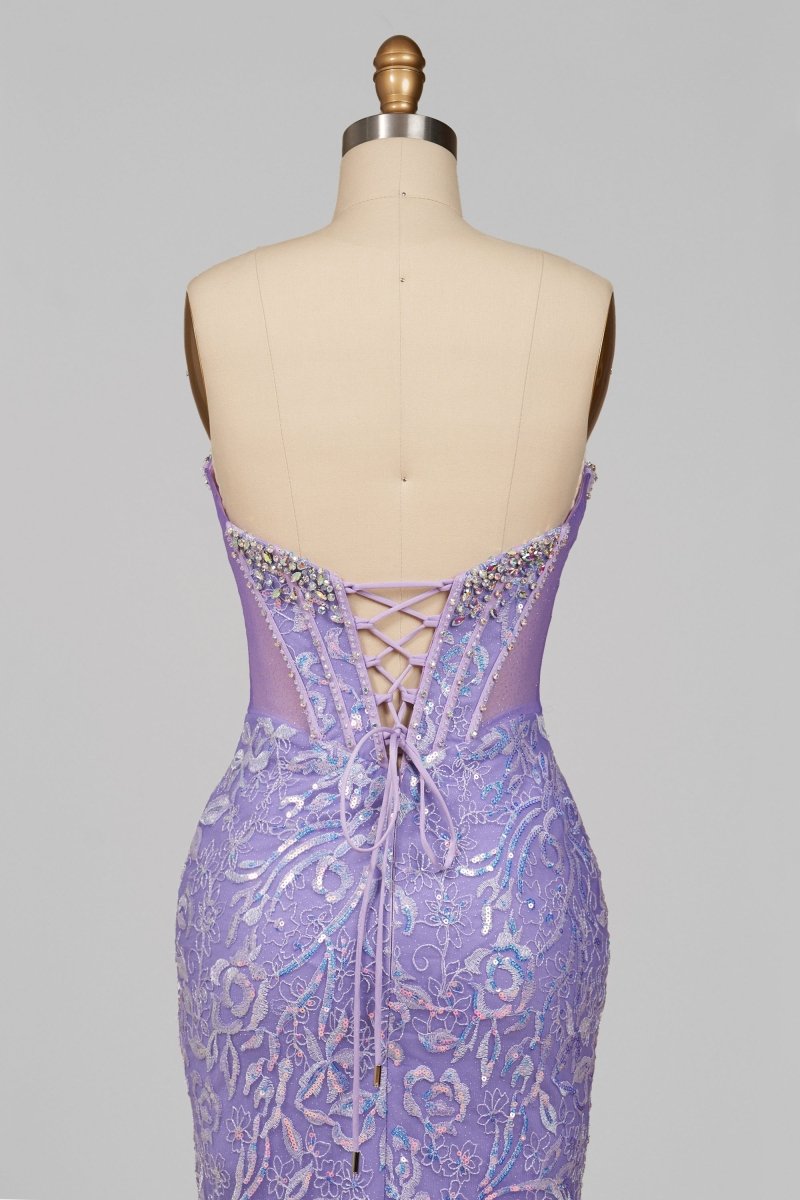 Feloria | Lilac Strapless Mermaid Sequined Lace Formal Prom Dresses With Beading - KissProm