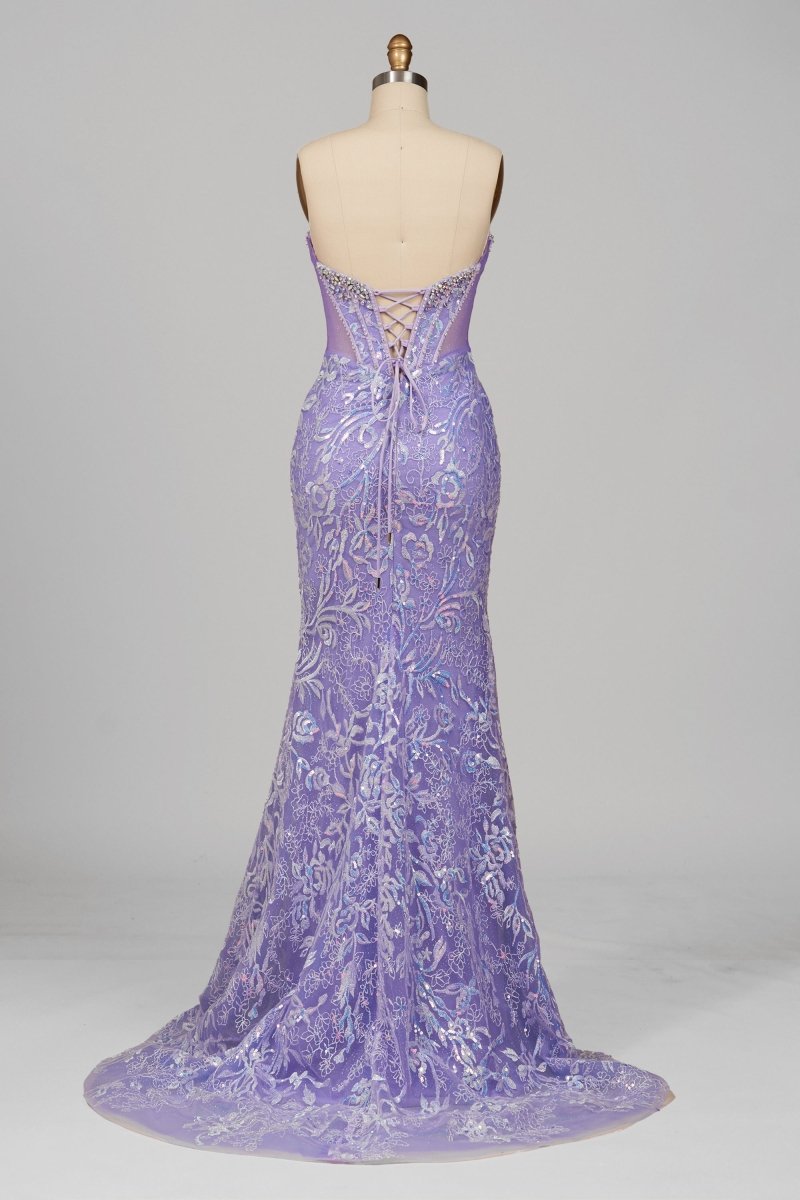 Feloria | Lilac Strapless Mermaid Sequined Lace Formal Prom Dresses With Beading - KissProm