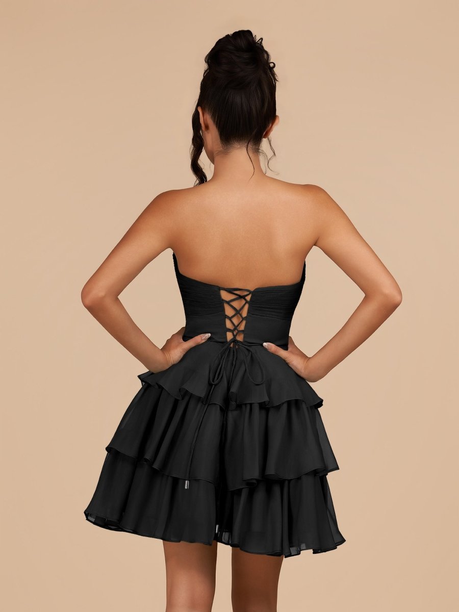Fenara | Black - Strapless A Line Chiffon Ruffles Homecoming Dresses With Flower - KissProm