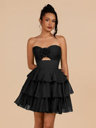 Fenara | Black - Strapless A Line Chiffon Ruffles Homecoming Dresses With Flower - KissProm