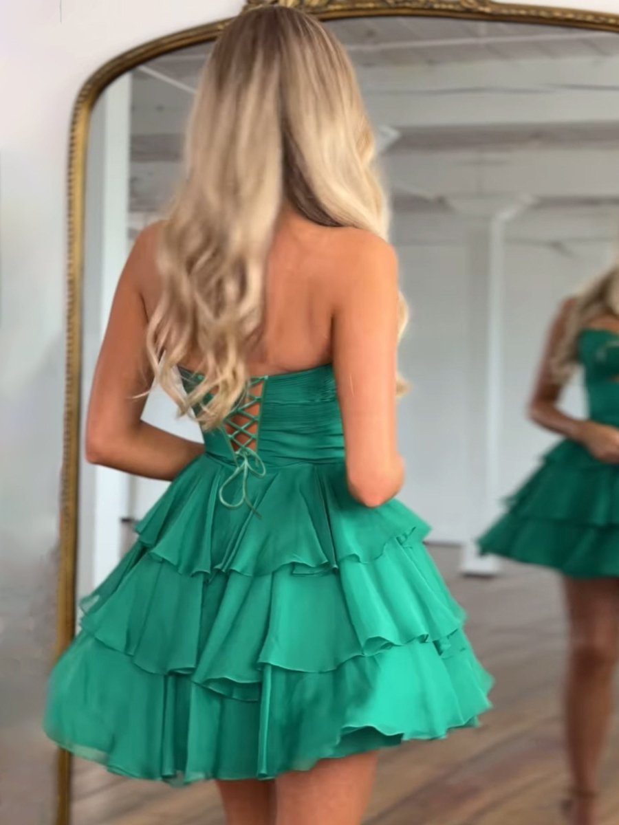 Green - Strapless A Line Chiffon Ruffles Homecoming Dresses with Flower, Green / 2