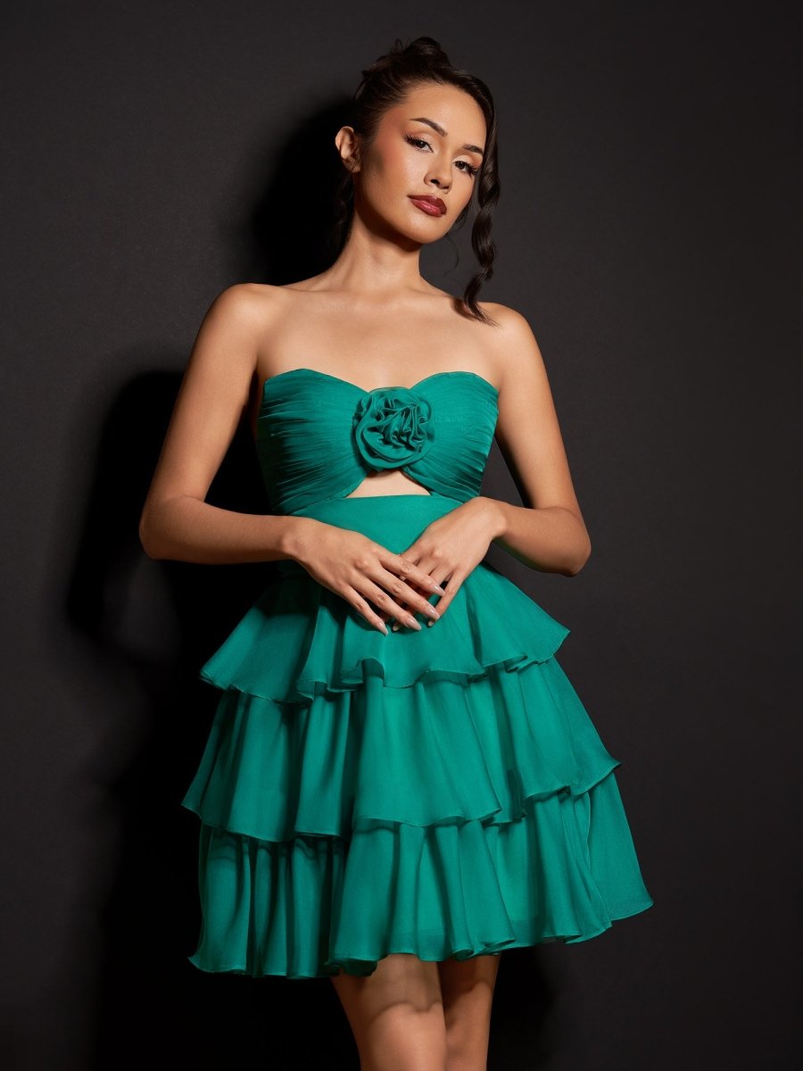 Fenara | Green - Strapless A Line Chiffon Ruffles Homecoming Dresses With Flower