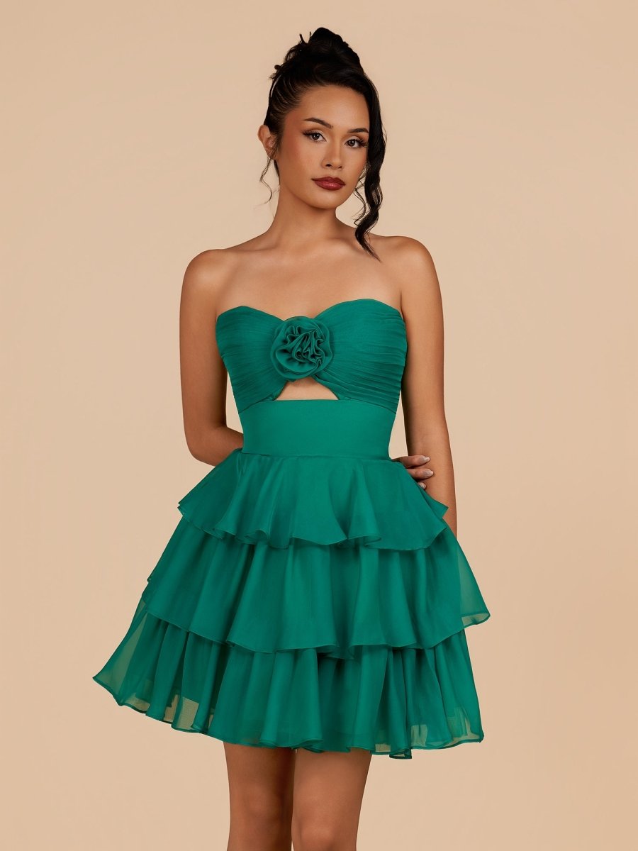 Fenara | Green - Strapless A Line Chiffon Ruffles Homecoming Dresses With Flower