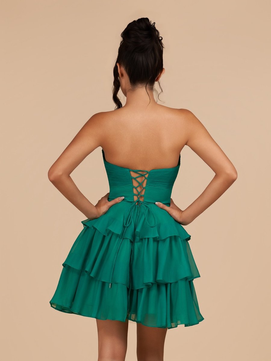 Fenara | Green - Strapless A Line Chiffon Ruffles Homecoming Dresses With Flower