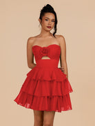 Fenara | Red - Strapless A Line Chiffon Ruffles Homecoming Dresses With Flower - KissProm