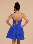 Fenara | Royal Blue - Strapless A Line Chiffon Ruffles Homecoming Dresses With Flower - KissProm
