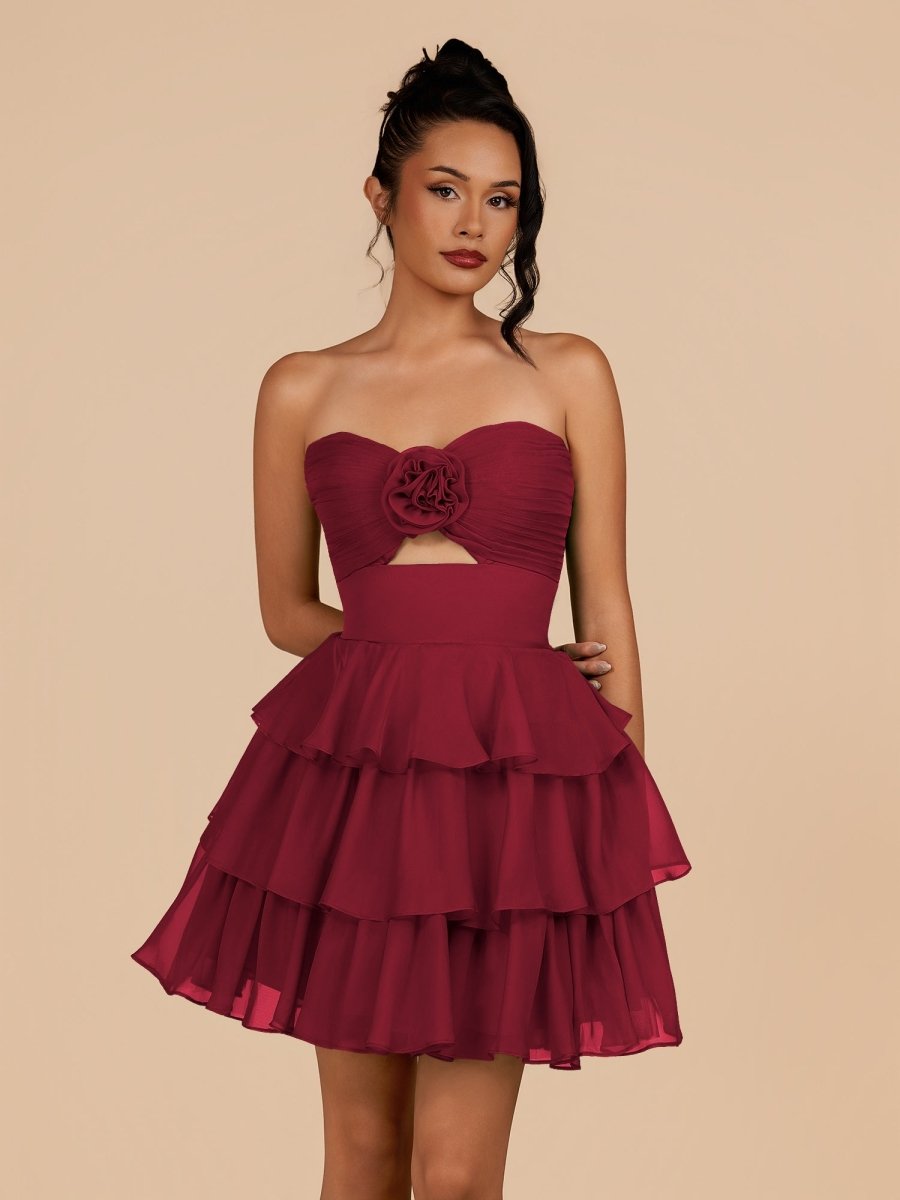 Fenara | Burgundy - Strapless A Line Chiffon Ruffles Homecoming Dresses With Flower - KissProm