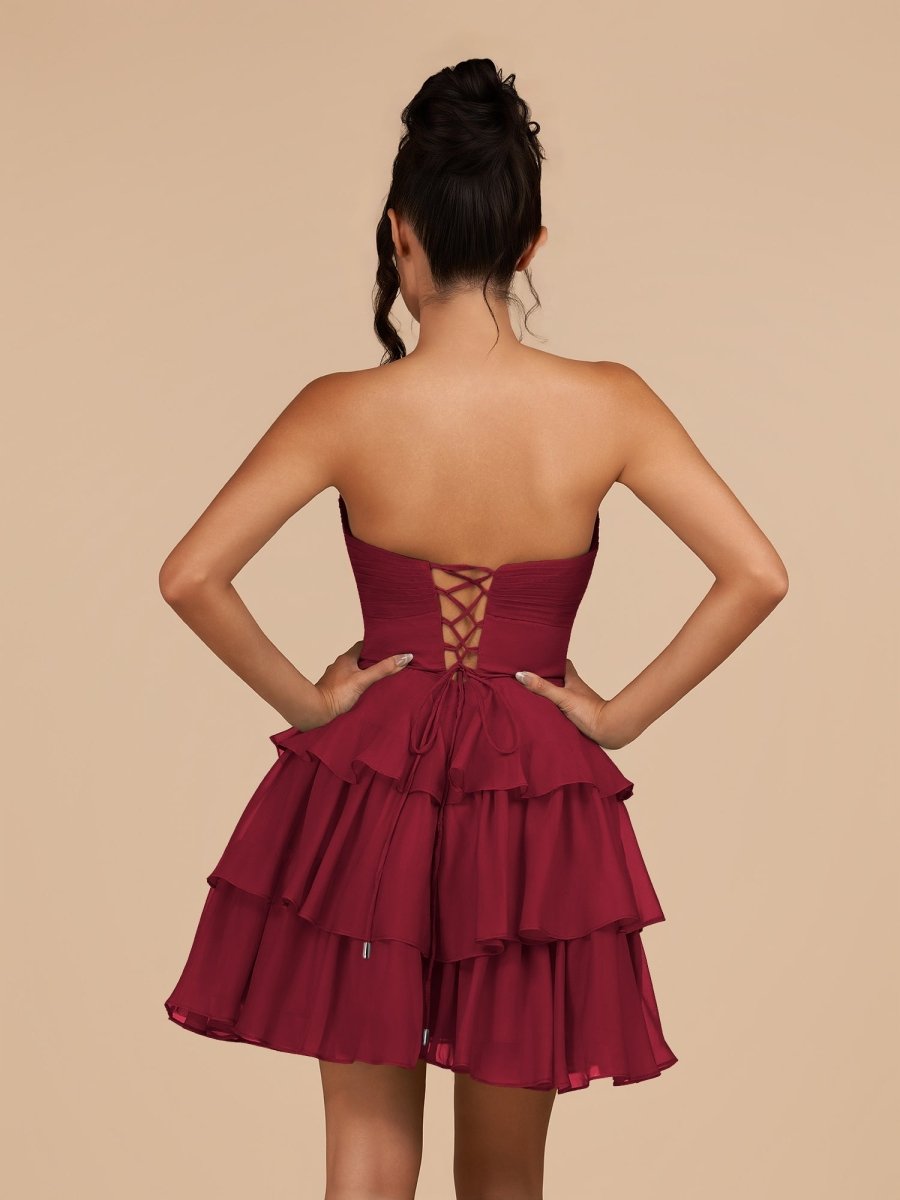Fenara | Burgundy - Strapless A Line Chiffon Ruffles Homecoming Dresses With Flower - KissProm