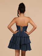 Fenara | Navy Blue - Strapless A Line Chiffon Ruffles Homecoming Dresses With Flower - KissProm