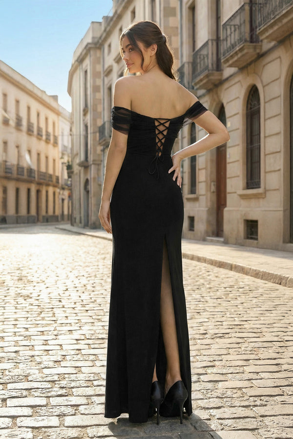 KissProm-Black Off The Shoulder Mermaid Satin Long Formal Prom Dresses
