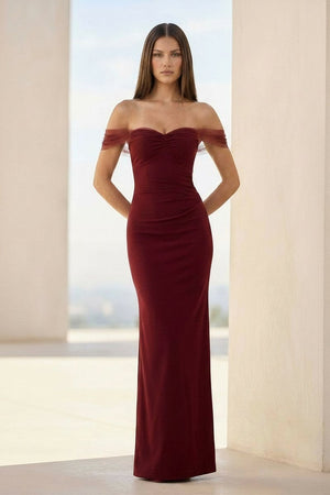 Fenisse | Burgundy - Off The Shoulder Mermaid Satin Long Formal Prom Dresses - KissProm