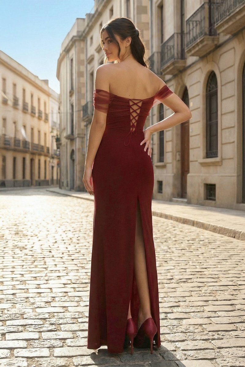 KissProm Burgundy Off The Shoulder Mermaid Satin Long Formal Prom Dresses, Burgundy / 00