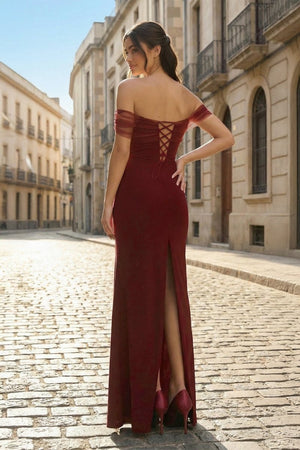 Burgundy Off The Shoulder Mermaid Satin Long Formal Prom Dresses - KissProm