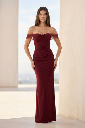 Fenisse | Burgundy - Off The Shoulder Mermaid Satin Long Formal Prom Dresses - KissProm