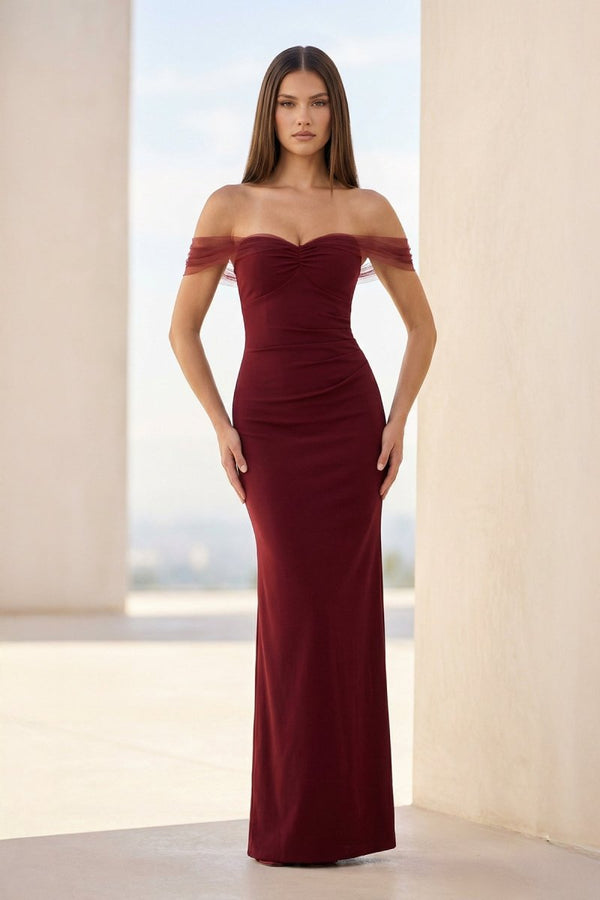 Fenisse | Burgundy - Off The Shoulder Mermaid Satin Long Formal Prom Dresses - KissProm