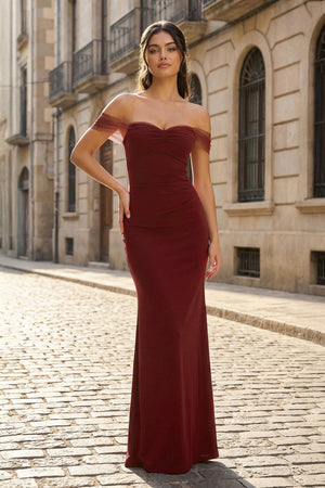 KissProm-Burgundy Off The Shoulder Mermaid Satin Long Formal Prom Dresses