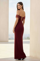 Fenisse | Burgundy - Off The Shoulder Mermaid Satin Long Formal Prom Dresses - KissProm