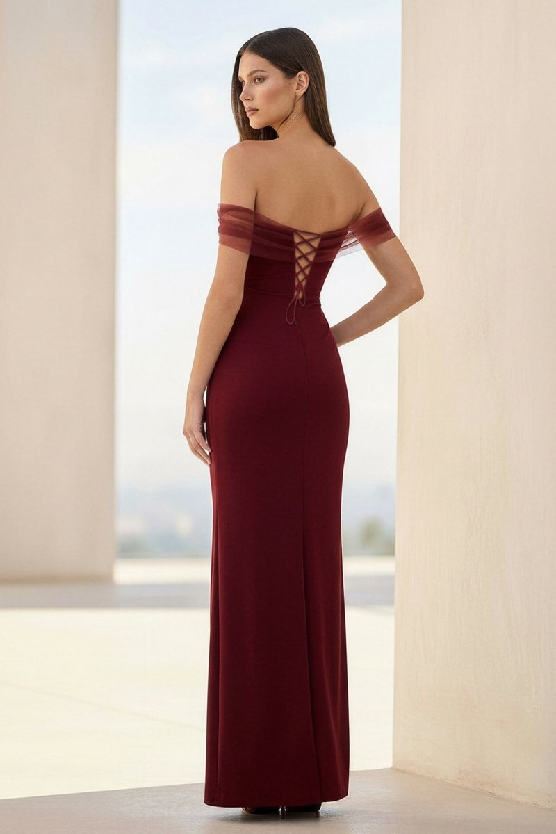 Fenisse | Burgundy - Off The Shoulder Mermaid Satin Long Formal Prom Dresses - KissProm