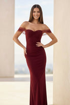 Fenisse | Burgundy - Off The Shoulder Mermaid Satin Long Formal Prom Dresses - KissProm