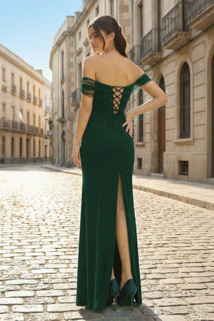 Burgundy Off The Shoulder Mermaid Satin Long Formal Prom Dresses - KissProm