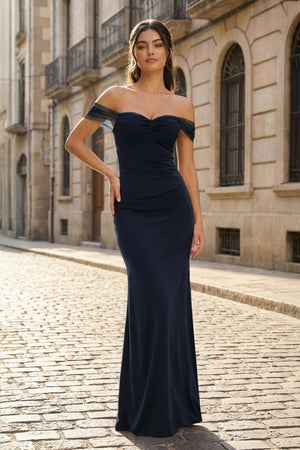 Burgundy Off The Shoulder Mermaid Satin Long Formal Prom Dresses - KissProm