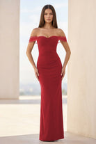 Fenisse | Red - Off The Shoulder Mermaid Satin Long Formal Prom Dresses - KissProm