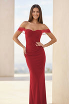 Fenisse | Red - Off The Shoulder Mermaid Satin Long Formal Prom Dresses - KissProm