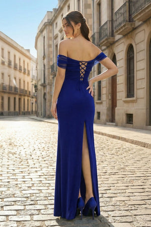 Burgundy Off The Shoulder Mermaid Satin Long Formal Prom Dresses - KissProm