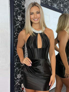 Fernina | Black - Halter Beaded Satin Homecoming Dress With Keyhole