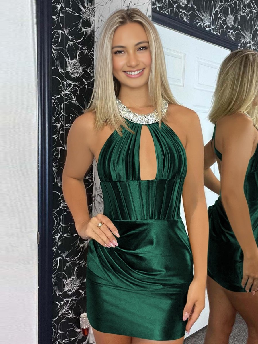 Fernina | Dark Green - Halter Beaded Satin Homecoming Dress With Keyhole - KissProm