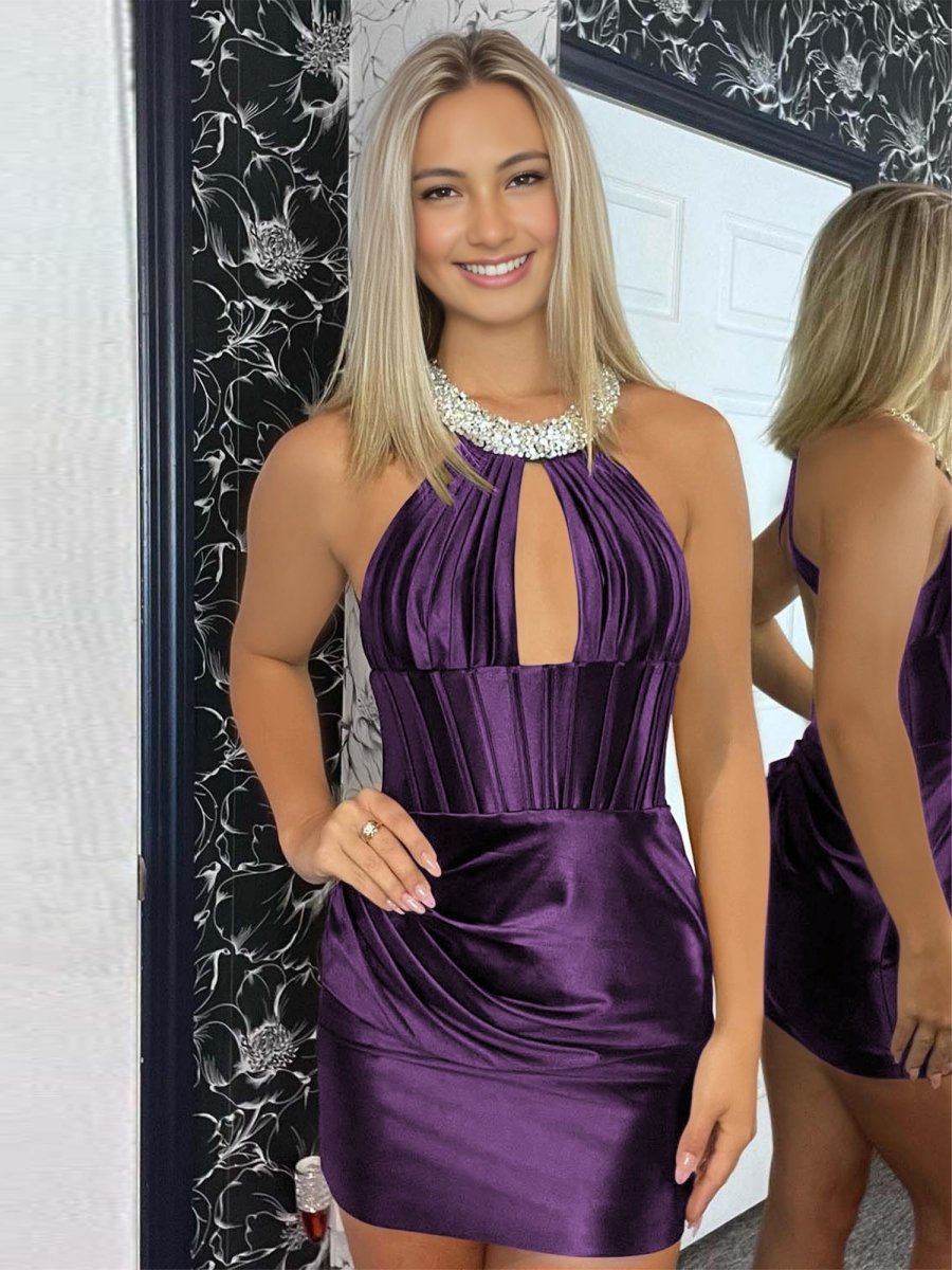 Fernina | Purple - Halter Beaded Satin Homecoming Dress With Keyhole